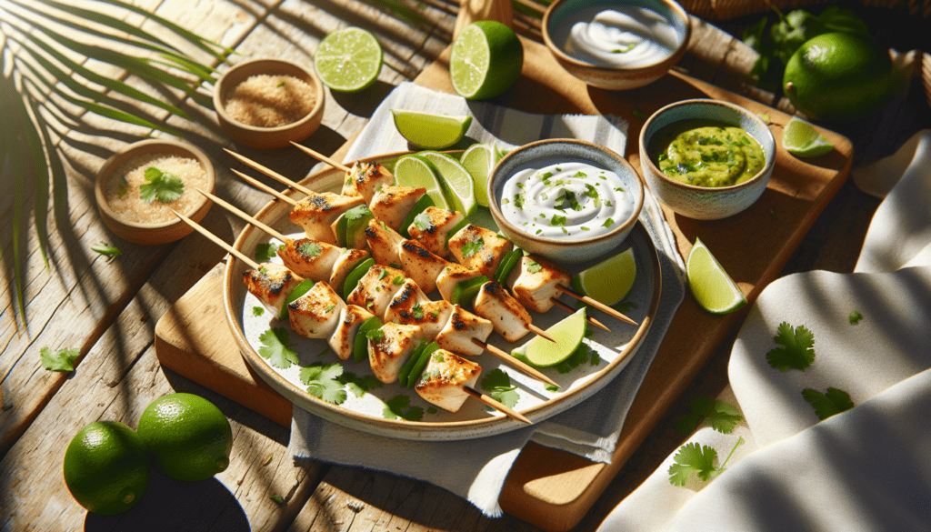 Grilled Coconut Lime Chicken Skewers garnished with cilantro and served with a lime yogurt dipping sauce.