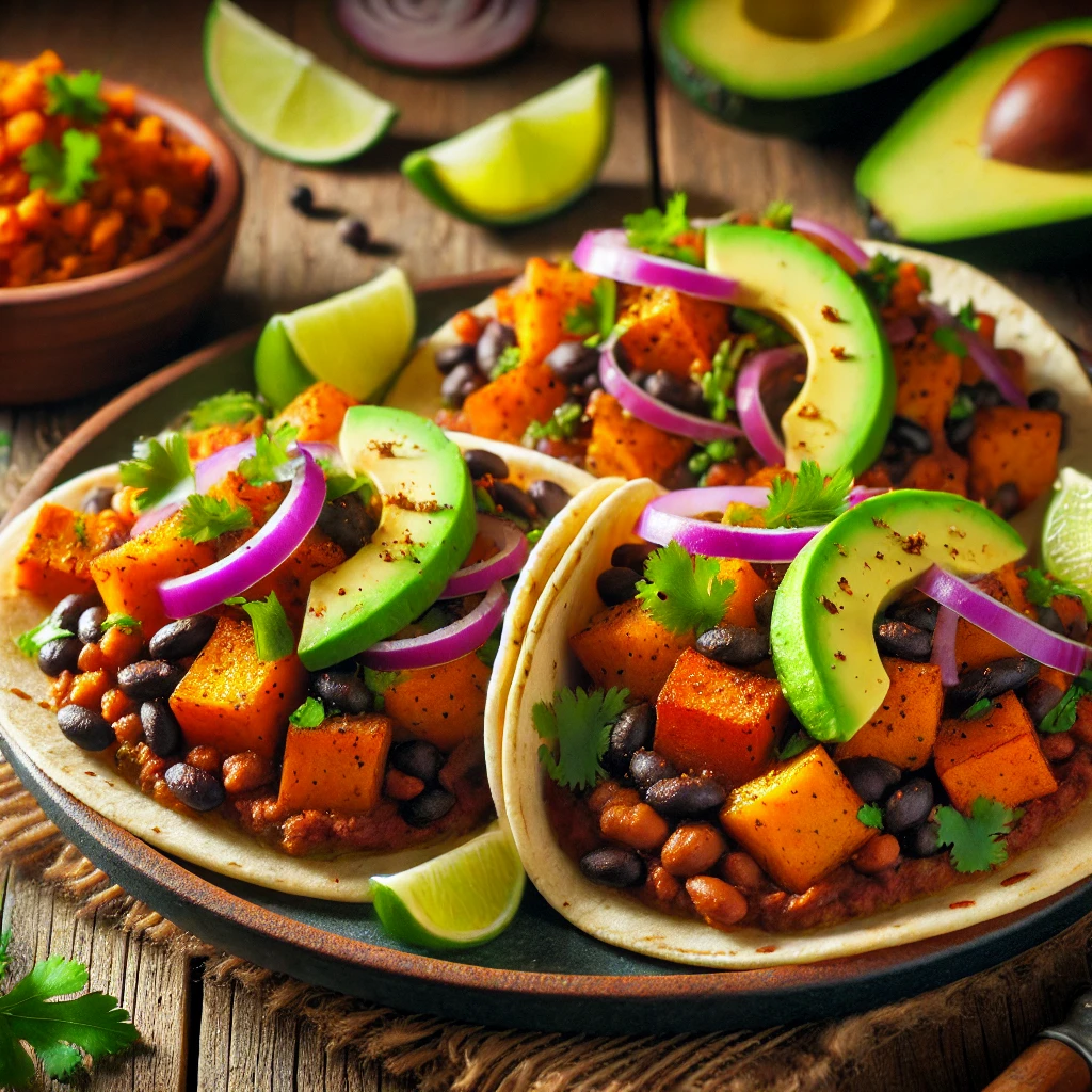 Spicy Black Bean and Sweet Potato Tacos with avocado, red onion, and cilantro, served on warm tortillas.