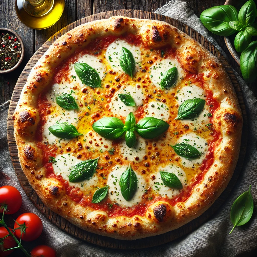 Homemade restaurant-quality pizza with a crispy crust, melted mozzarella, fresh basil, and perfect toppings, fresh out of the oven.