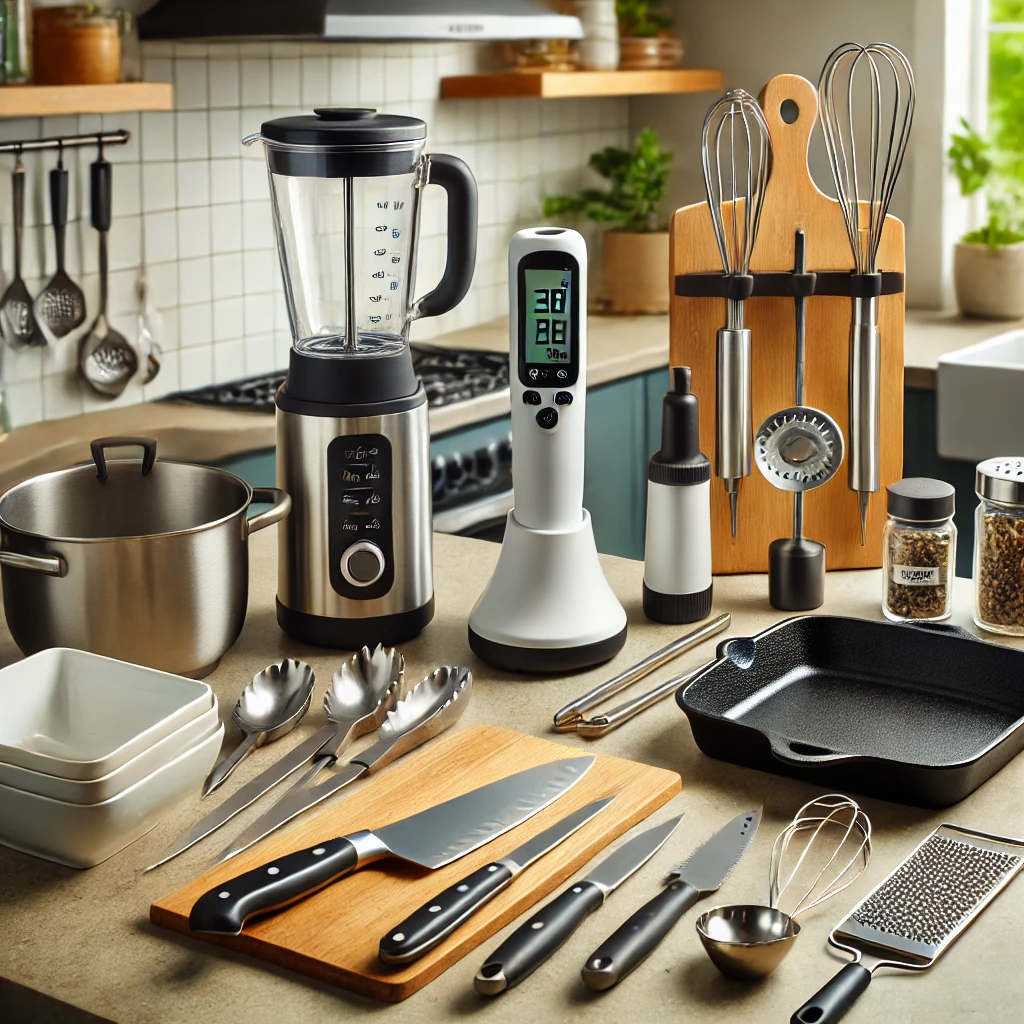 A collection of essential kitchen gadgets including a chef’s knife, cutting board, immersion blender, and more, laid out on a kitchen counter.