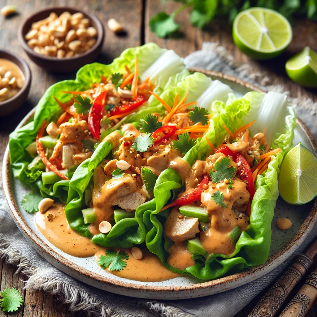 Thai Peanut Chicken Lettuce Wraps with peanut sauce, served with lime wedges and garnished with peanuts and cilantro.