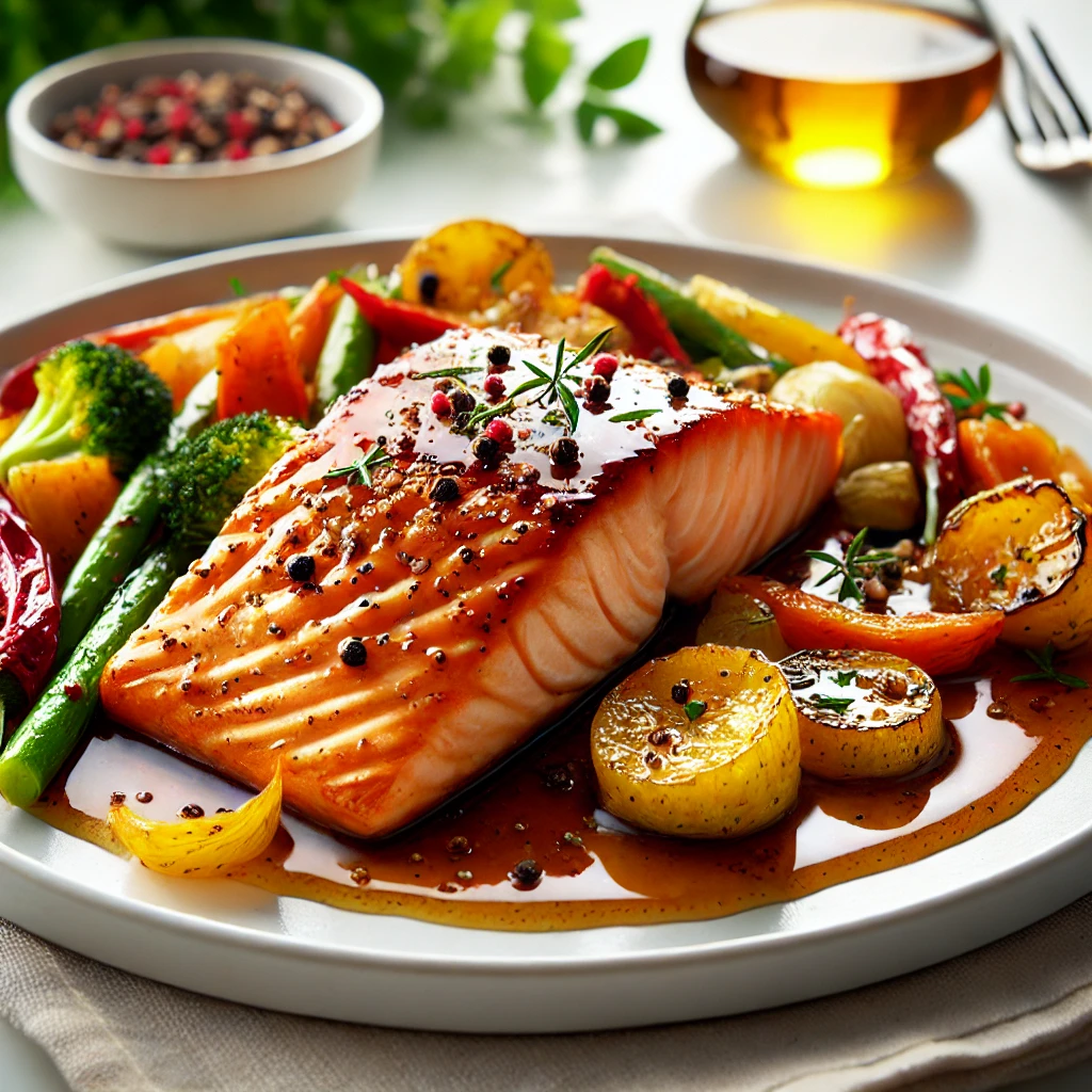 Maple Dijon Glazed Salmon fillets garnished with fresh parsley, served with a side of roasted vegetables.