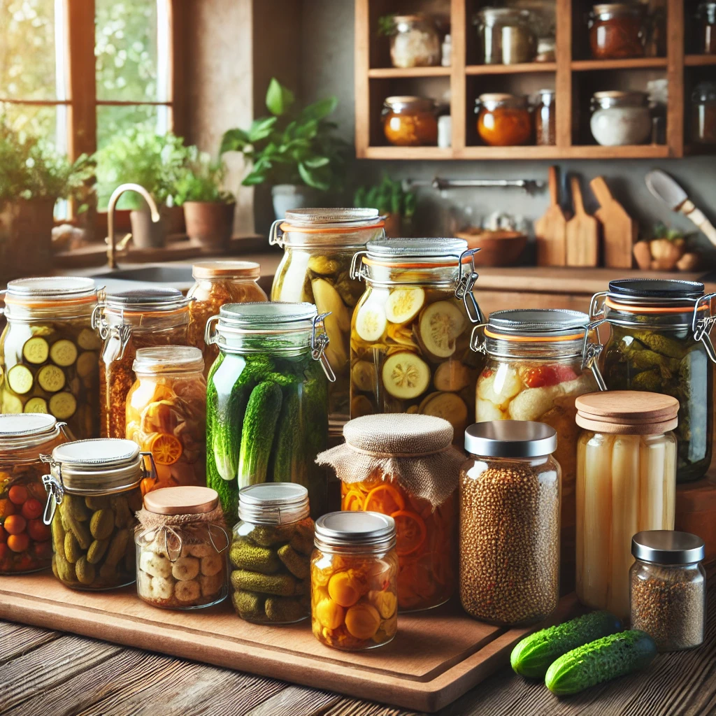 Jars of pickled vegetables and fruits, alongside vacuum-sealed frozen items on a kitchen counter.