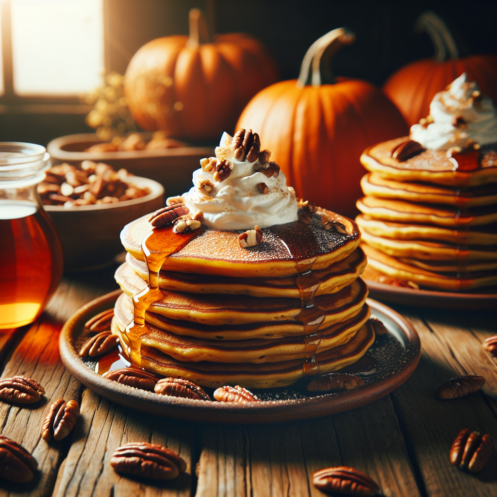 A stack of Pumpkin Spice Pancakes topped with maple syrup, whipped cream, and chopped pecans.