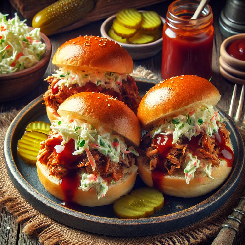 Pulled pork sliders topped with creamy coleslaw, served on toasted slider buns with pickles on the side. Perfect for game day gatherings.