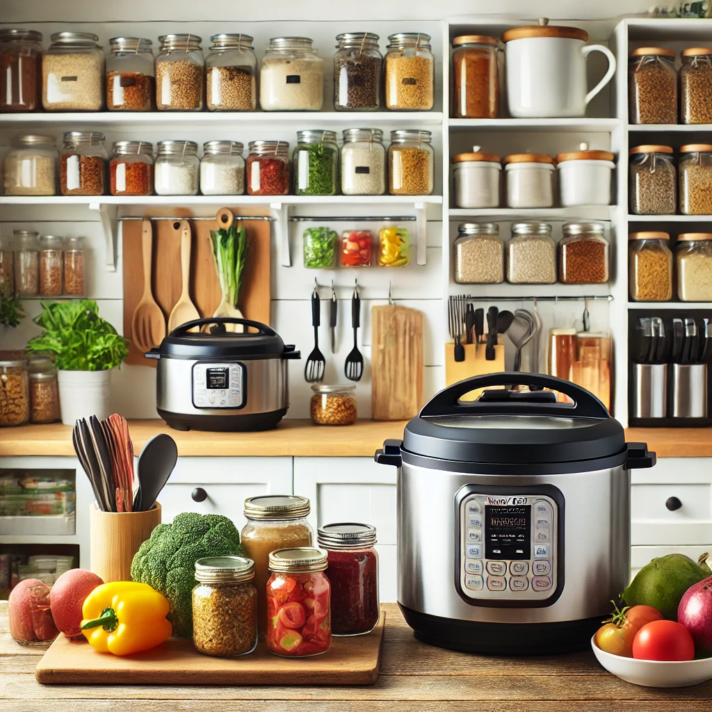 A modern kitchen with essential time-saving tools like a slow cooker, pre-chopped vegetables, meal prep containers, and labeled jars of grains and sauces. The kitchen is organized and well-lit for efficient cooking.