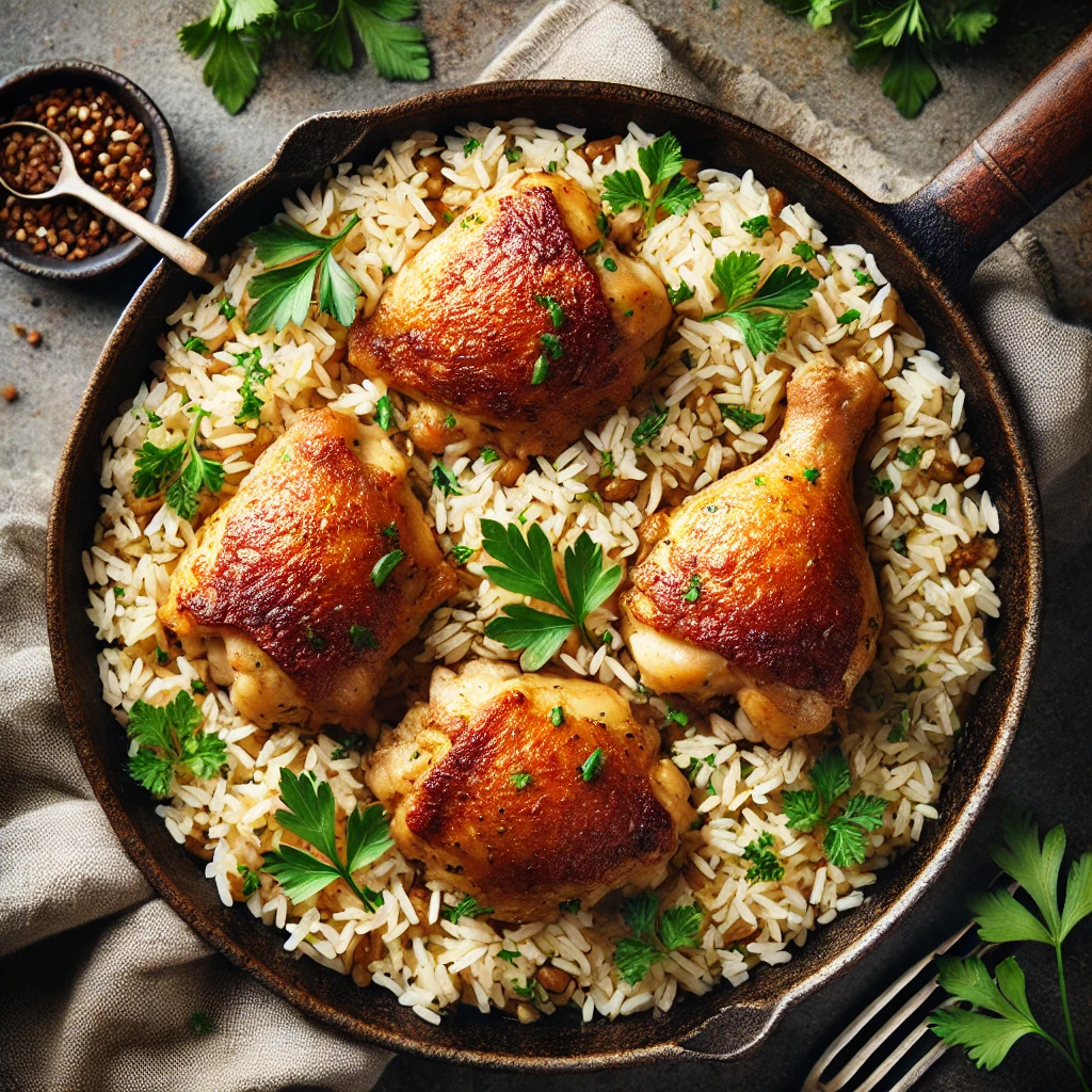 A skillet of golden seared chicken thighs nestled in perfectly cooked rice, garnished with fresh parsley, ready to serve.