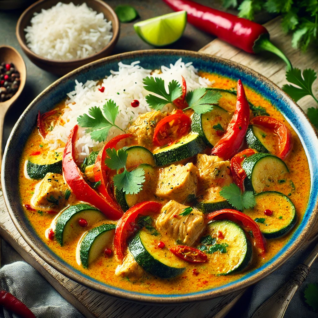 A vibrant bowl of spicy Thai coconut curry with chicken, served over jasmine rice, garnished with fresh cilantro and lime.