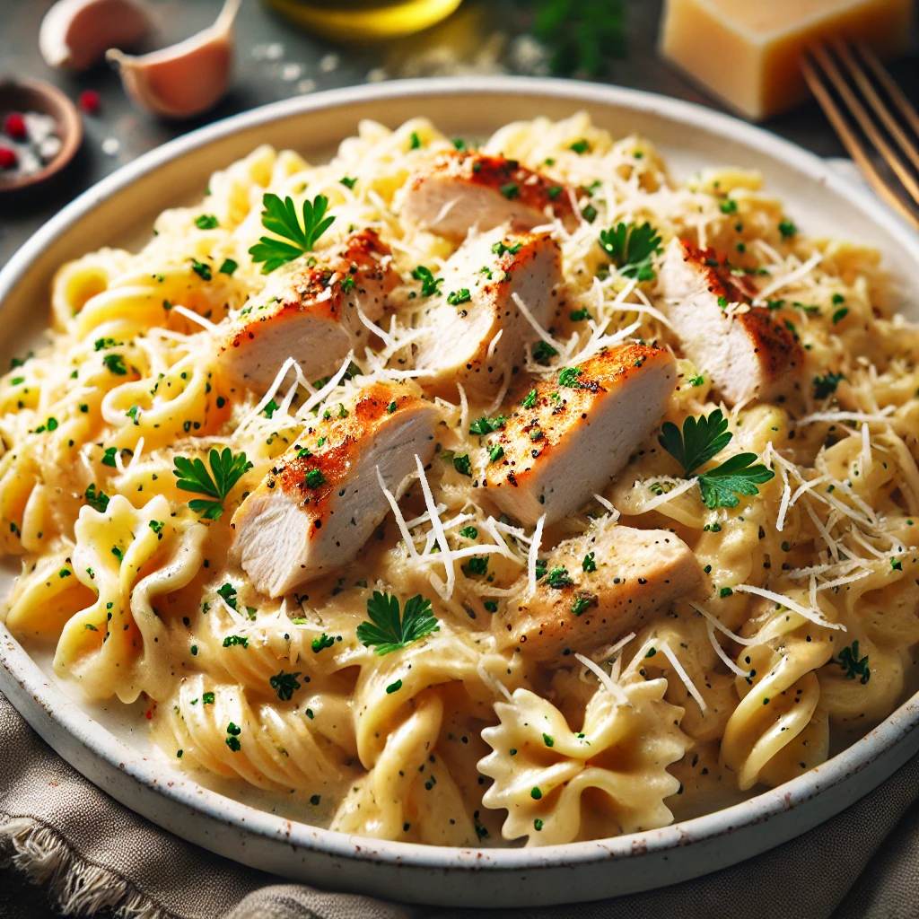 A delicious bowl of creamy garlic Parmesan chicken pasta topped with fresh parsley and extra Parmesan, served on a white plate.