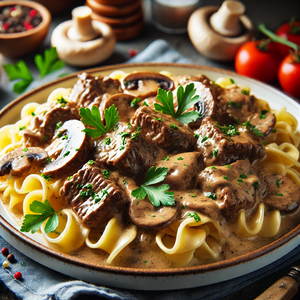 A hearty plate of classic beef stroganoff with creamy sauce, tender beef strips, and egg noodles, garnished with fresh parsley.