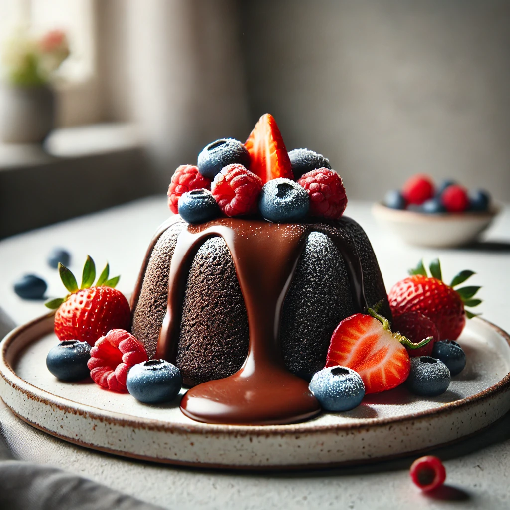 A chocolate lava cake with molten chocolate flowing from the center, garnished with fresh berries (raspberries, strawberries, and blueberries) and a light dusting of powdered sugar.