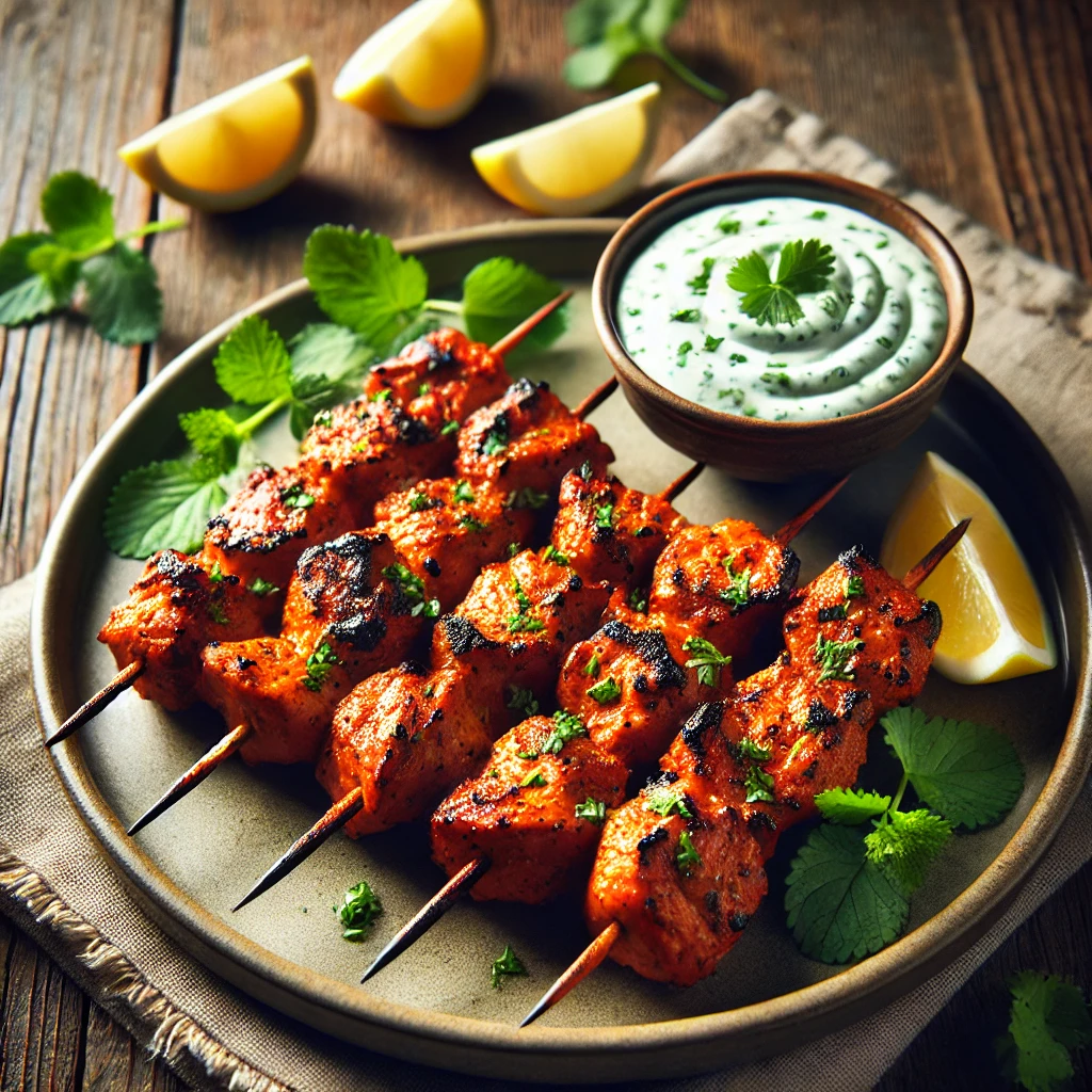 A plate of grilled tandoori chicken skewers with slightly charred edges, served with mint yogurt sauce in a small bowl, garnished with fresh cilantro and lemon wedges.