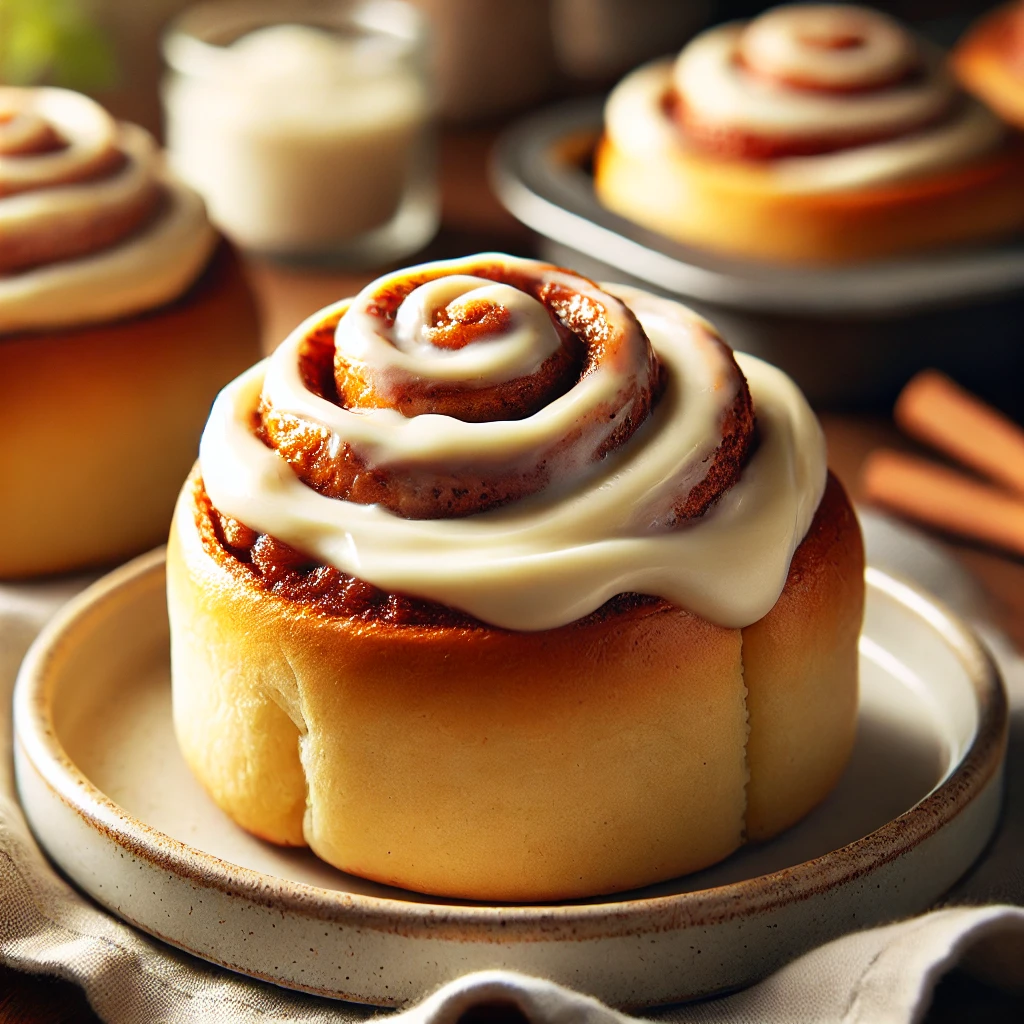 A plate of warm cinnamon rolls with cream cheese frosting, soft and fluffy with a golden-brown exterior and swirls of cinnamon filling.