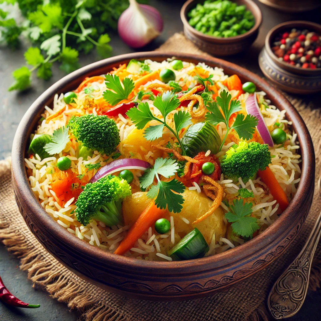 A dish of vibrant vegetable biryani with colorful vegetables, fluffy basmati rice, and spices, garnished with fresh cilantro, mint leaves, and crispy fried onions.