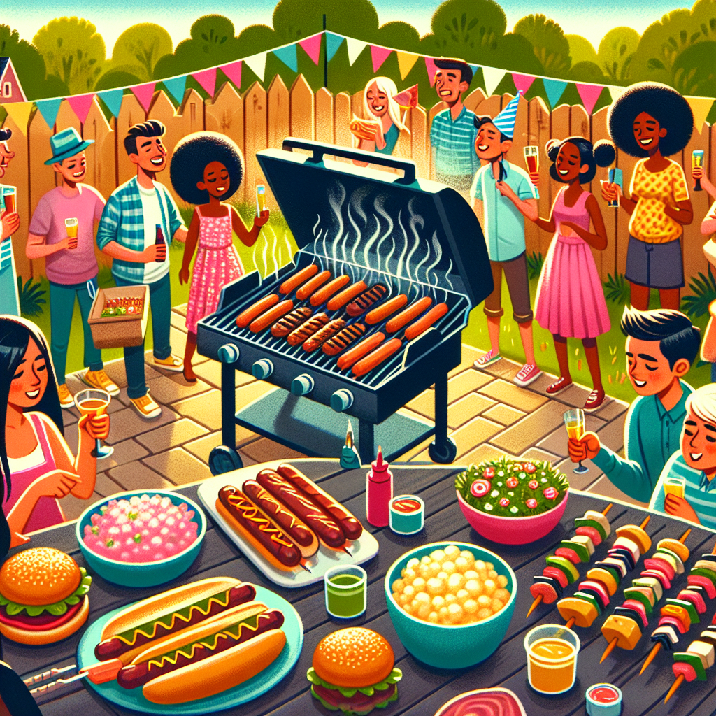 Backyard BBQ party with hotdogs, burgers, and shish kabob skewers on the grill, and a table set with potato salad, buns, and condiments, surrounded by guests enjoying the event.