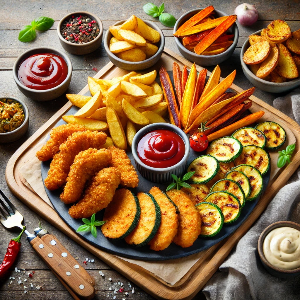 A display of golden-brown chicken tenders, roasted potato wedges, and air-fried vegetables, presented on a rustic wooden table with dips like ketchup and garlic aioli, highlighting healthy and crispy food options.