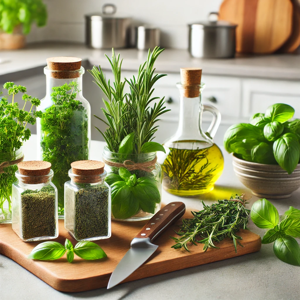 A kitchen setup with fresh herbs like basil, rosemary, thyme, and cilantro in glass jars, a cutting board with chopped herbs, and a bowl of herb-infused olive oil on a bright countertop.