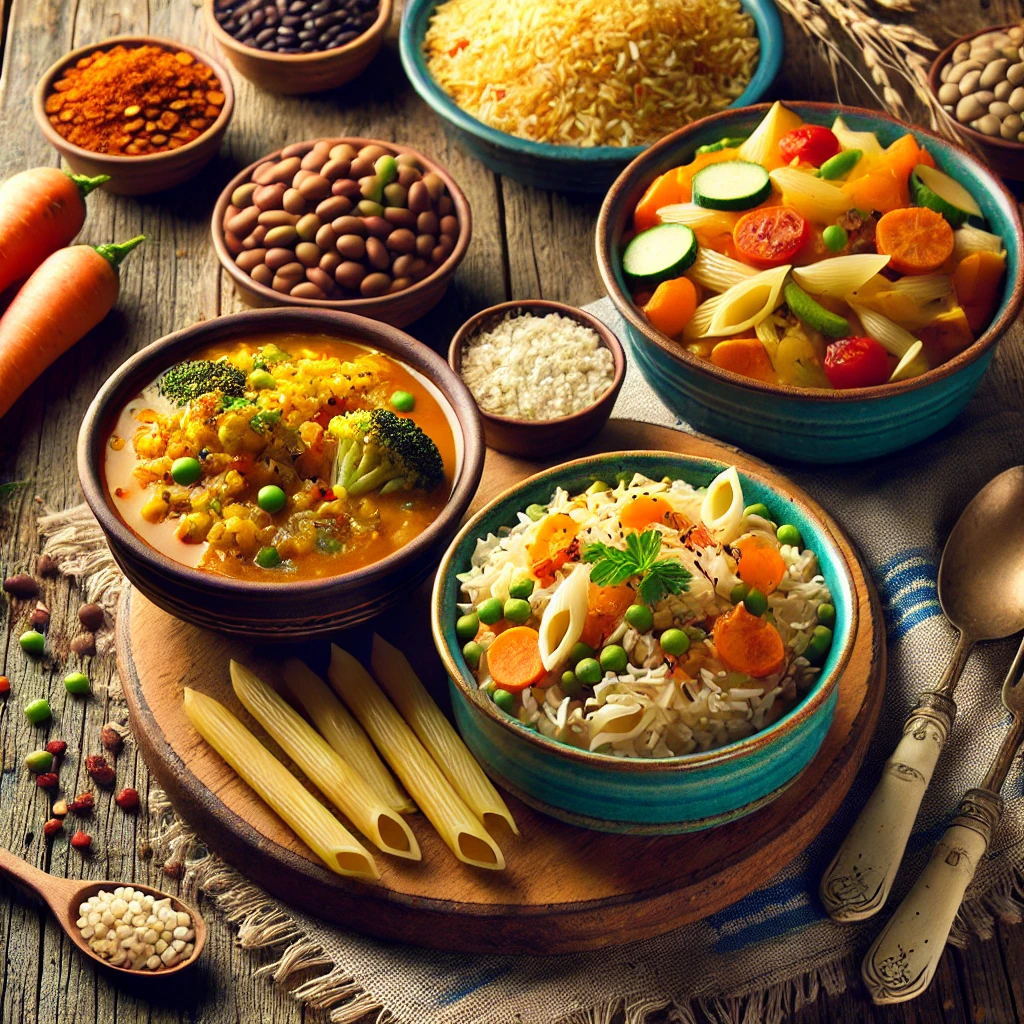 A vibrant display of budget-friendly meals, including lentil soup, fried rice with vegetables, and baked pasta casserole, presented on a rustic wooden table with simple ingredients like rice and beans in the background.