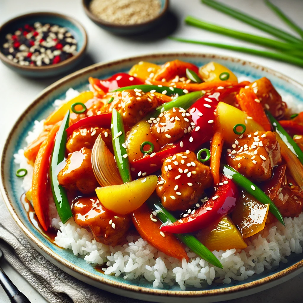 A vibrant plate of sweet and sour chicken stir-fry with tender chicken, colorful vegetables, and pineapple chunks in a tangy sauce, served over steamed rice and garnished with sesame seeds and green onions.