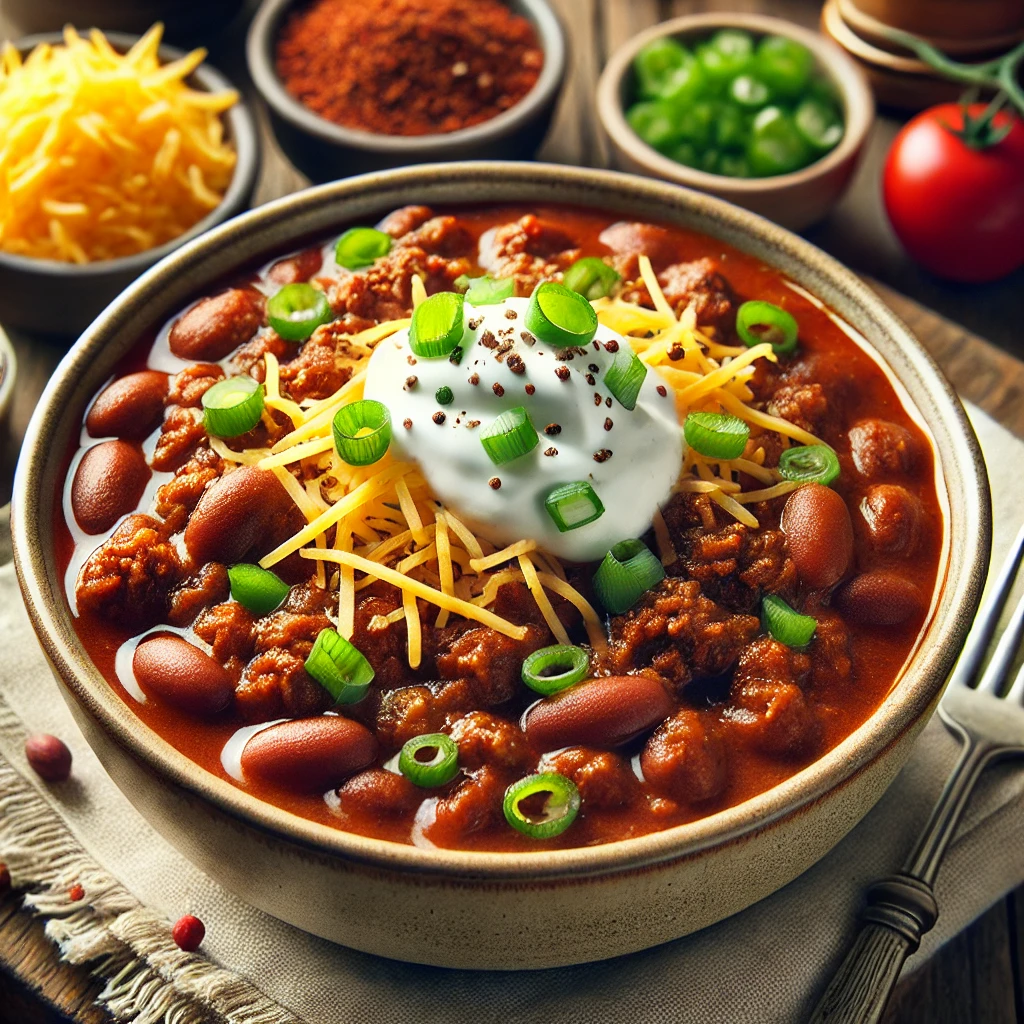 A hearty bowl of classic beef chili with beans, garnished with shredded cheese, sour cream, and chopped green onions, served as a comforting meal.