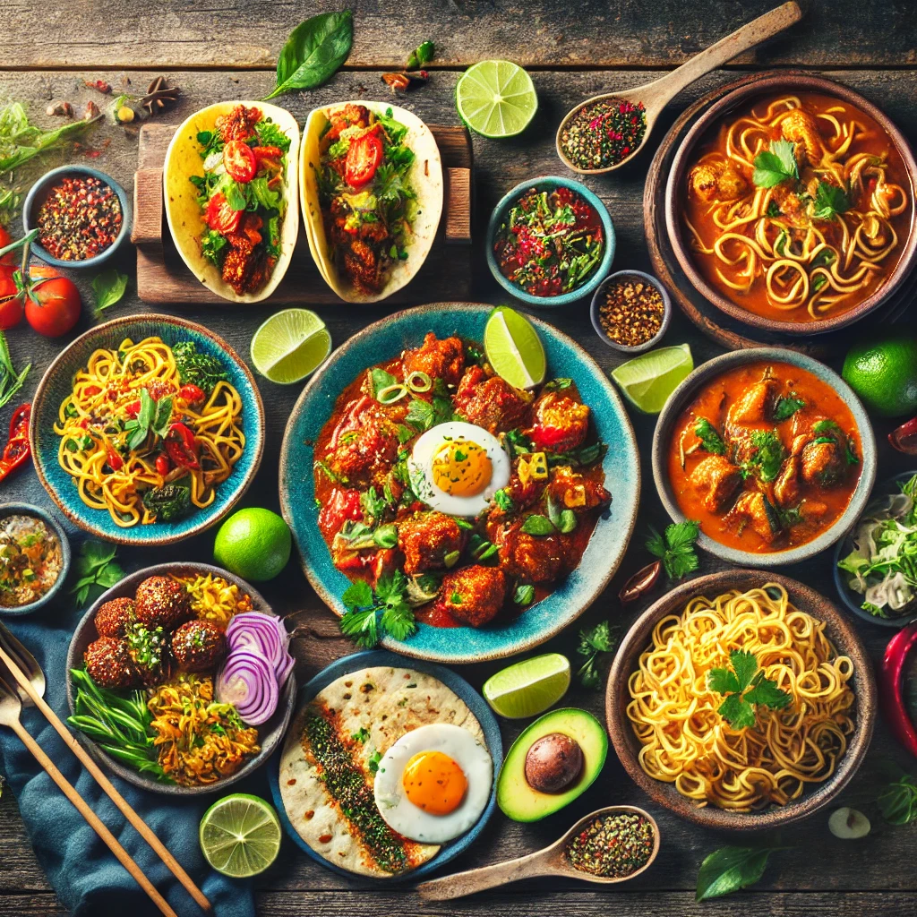 A beautifully plated collection of international dishes, including Mexican tacos, Indian butter chicken, Italian spaghetti aglio e olio, Japanese ramen, and Middle Eastern falafel, garnished with cilantro, lime, and parsley on a rustic kitchen table.