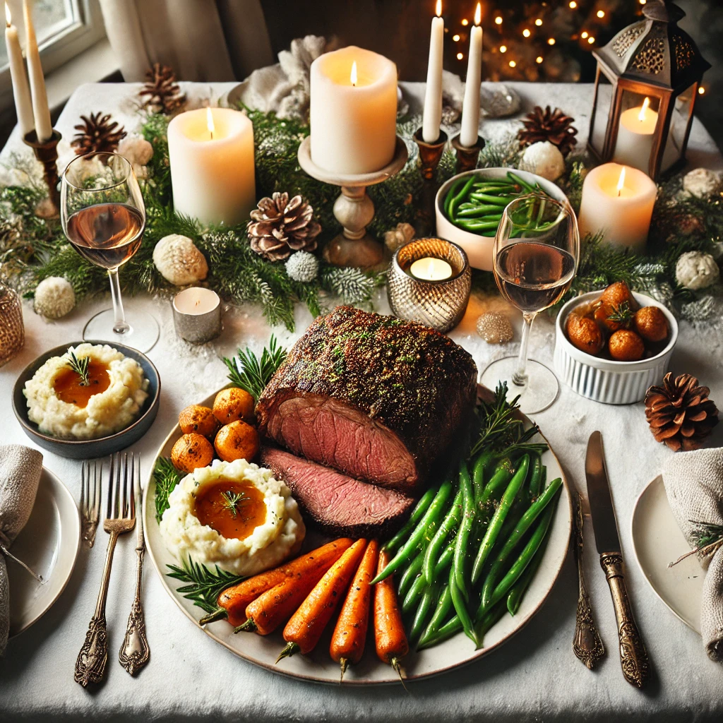 A beautifully set Christmas dinner table featuring a herb-crusted prime rib roast, creamy mashed potatoes, honey-glazed carrots, and green bean almondine, adorned with festive decorations like candles and pinecones.