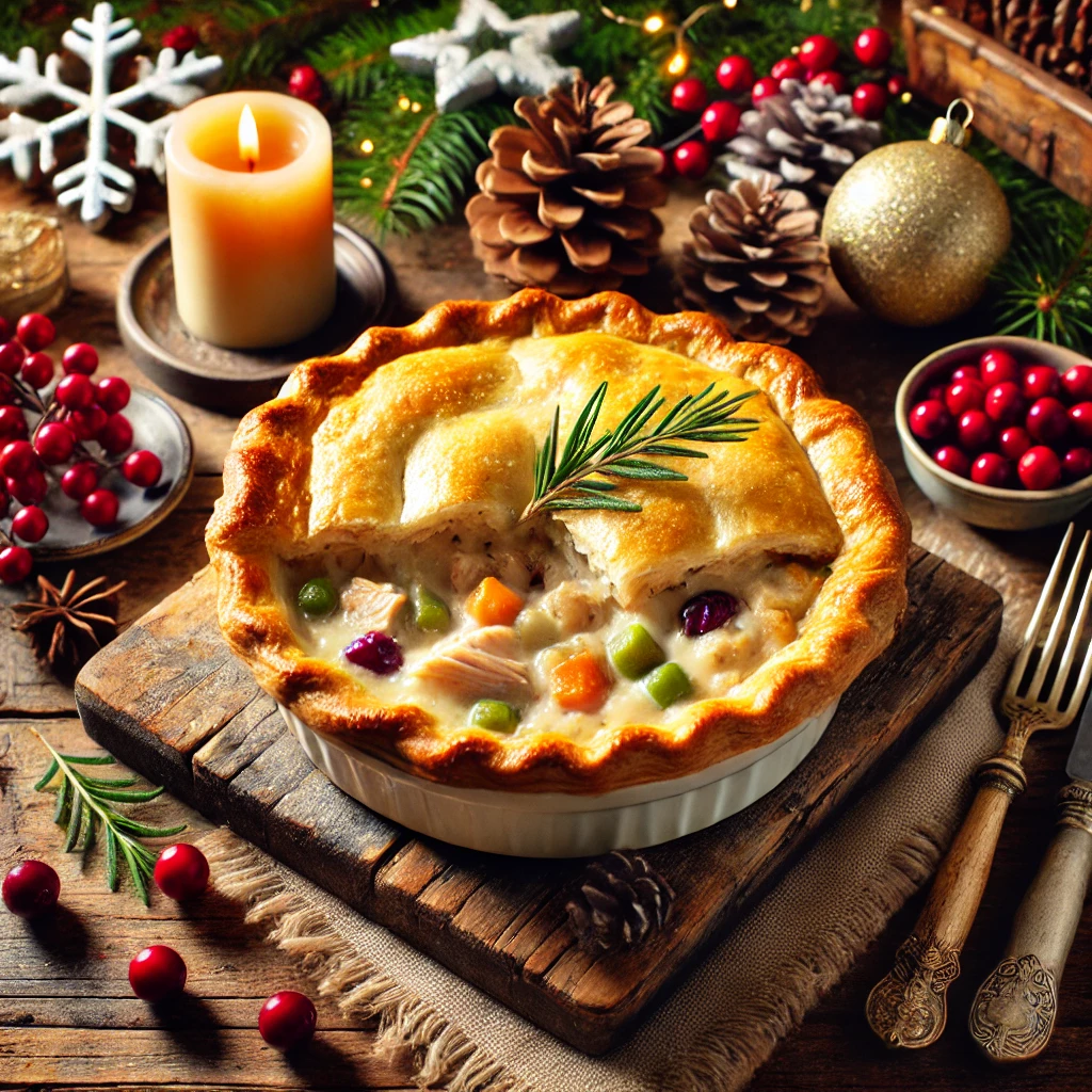 A warm and golden turkey pot pie with a flaky crust and bubbling creamy filling, served in a festive setting with holiday decorations like pinecones and cranberries, perfect for a cozy Boxing Day family meal.