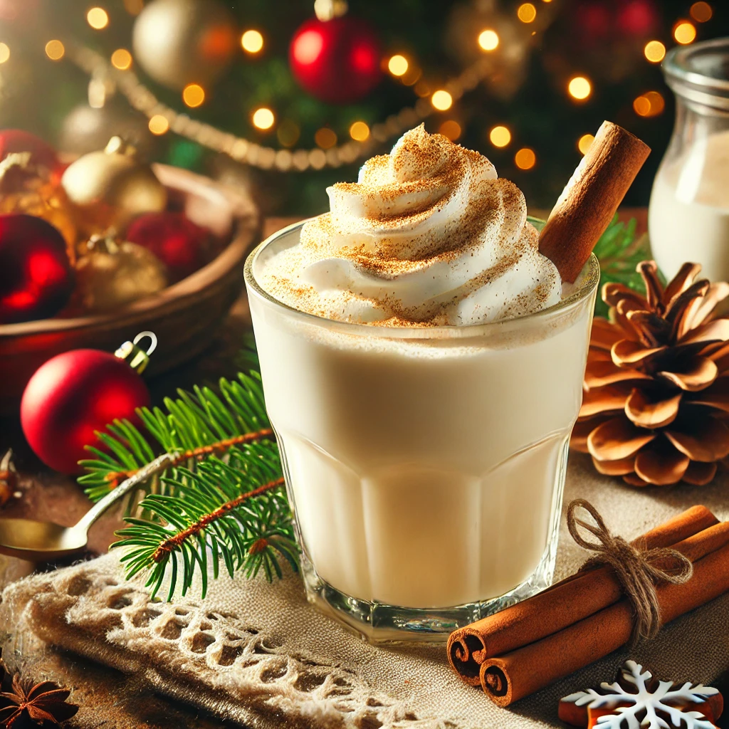 A festive glass of creamy homemade eggnog topped with whipped cream and a sprinkle of nutmeg, set on a holiday table with pinecones, cinnamon sticks, and Christmas decorations.