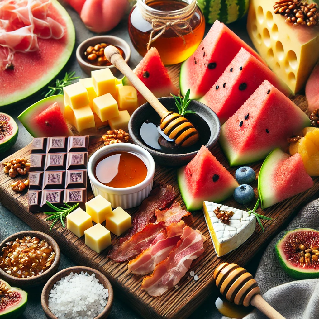 A visually stunning display of savory and sweet pairings, including cheese with honey, bacon with maple syrup, chocolate with sea salt, watermelon with feta, and prosciutto with melon, presented on a wooden board with colorful garnishes.