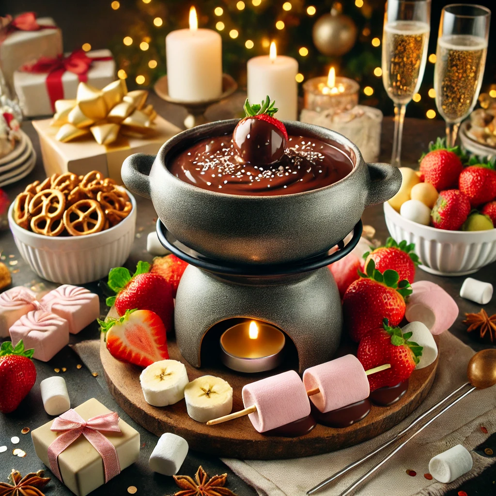 A festive chocolate fondue pot with creamy melted chocolate, surrounded by fresh strawberries, bananas, marshmallows, and pretzel sticks, set on a table with New Year’s Eve decorations like sparkling confetti and candles.