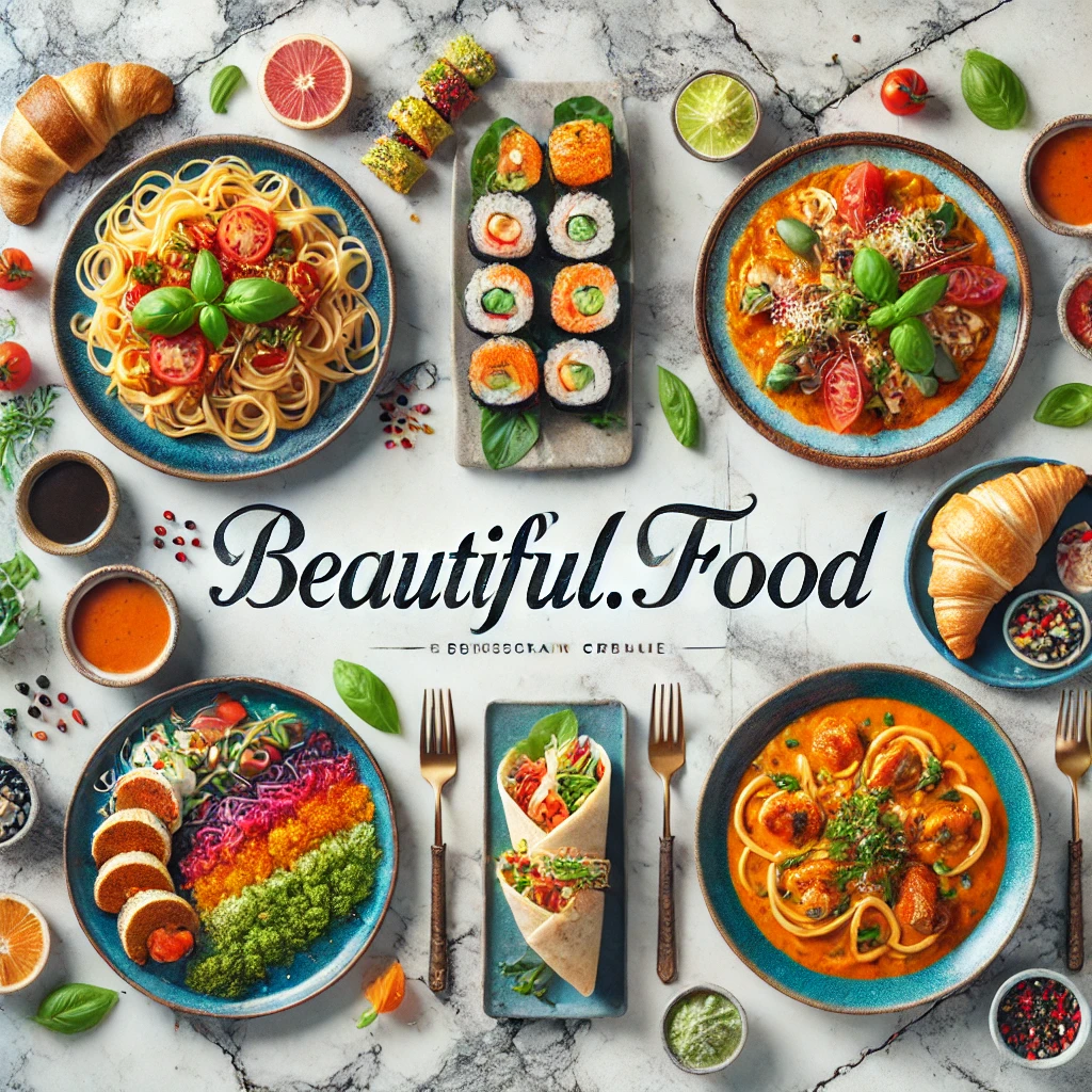 A vibrant international spread of pasta, sushi, tacos, curry, and croissants with the text "Beautiful.Food" stylishly included in the scene.