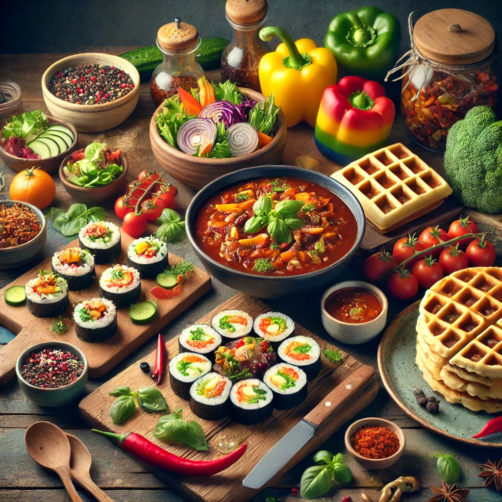 A creative and colorful kitchen setup featuring unique dishes like rainbow vegetable sushi rolls, spicy chocolate chili, and savory herb pancakes topped with smoked salmon, surrounded by fresh ingredients and spices.