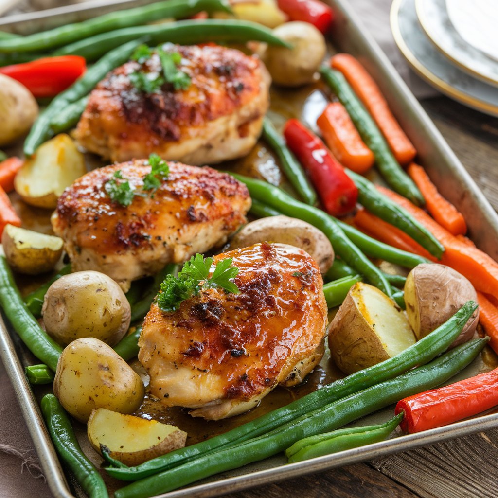 A beautifully arranged sheet pan dinner featuring honey garlic chicken thighs with crispy skin, surrounded by roasted baby potatoes, vibrant green beans, carrots, and red bell peppers. The dish is glistening with a golden honey garlic glaze, garnished with fresh parsley, on a rustic wooden table setting.