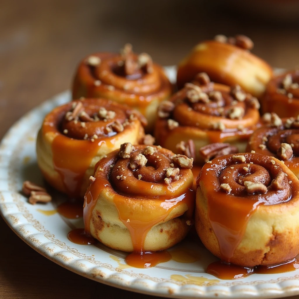 A plate of freshly baked sticky cinnamon buns with a glossy caramel glaze dripping down the sides, topped with chopped pecans, and served on a rustic wooden table.